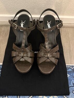 Saint Laurent Brown Taupe  Croc-Embossed Tribute Sandals 38.5